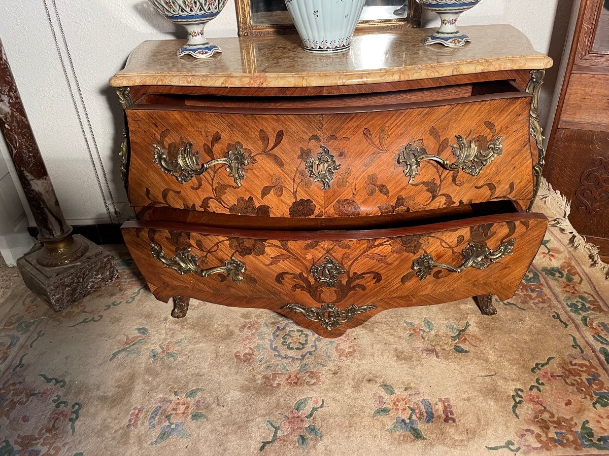 Louis XV Curved Chest Of Drawers With Two Marquetry Drawers, 1900s.-photo-4