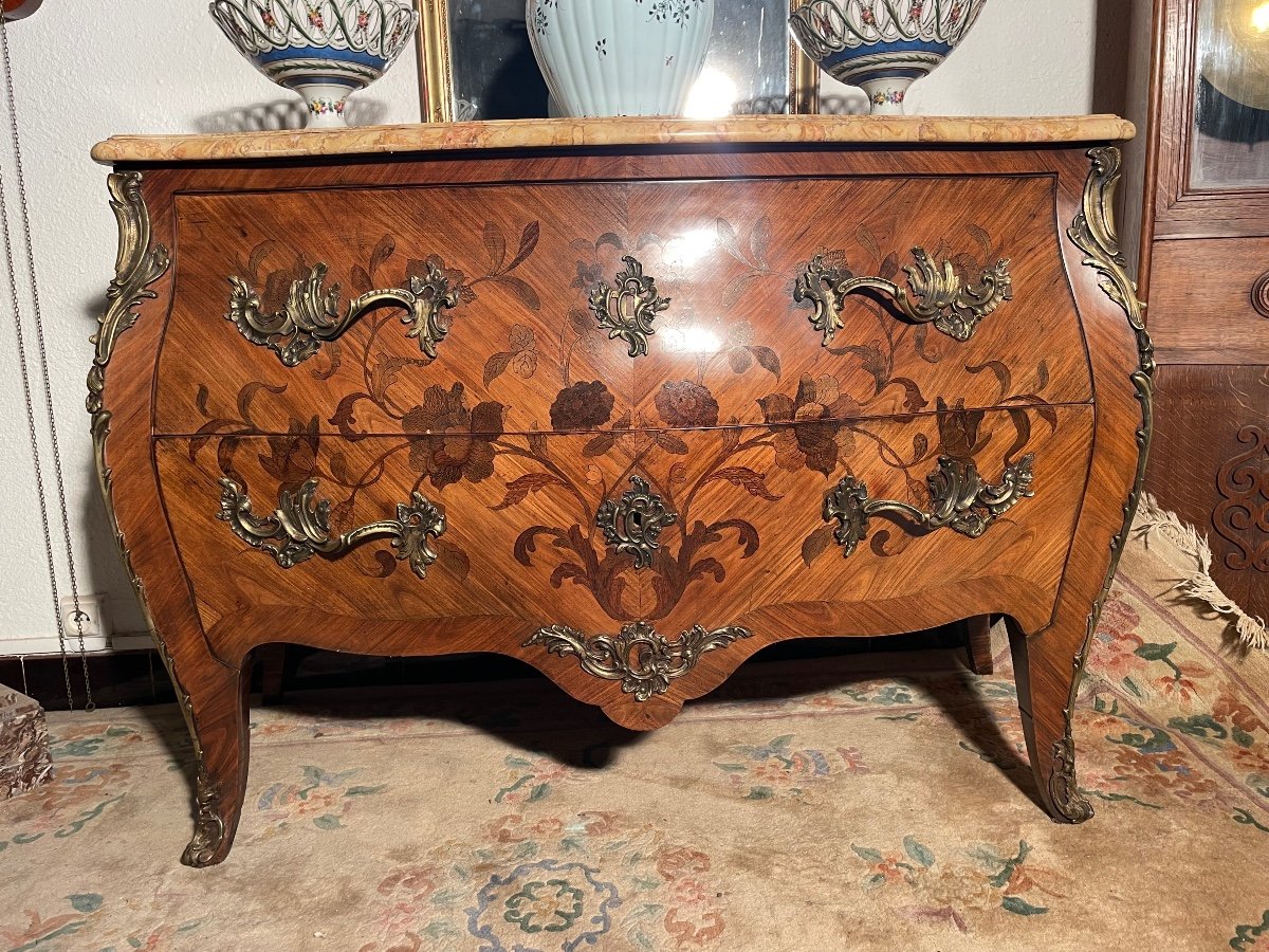 Louis XV Curved Chest Of Drawers With Two Marquetry Drawers, 1900s.-photo-6