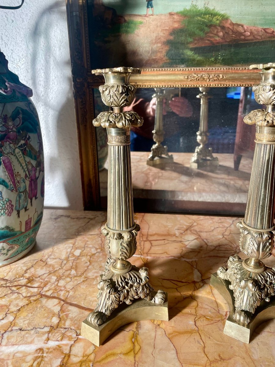 Pair Of Empire Candlesticks, In Bronze, 19th Century.-photo-3