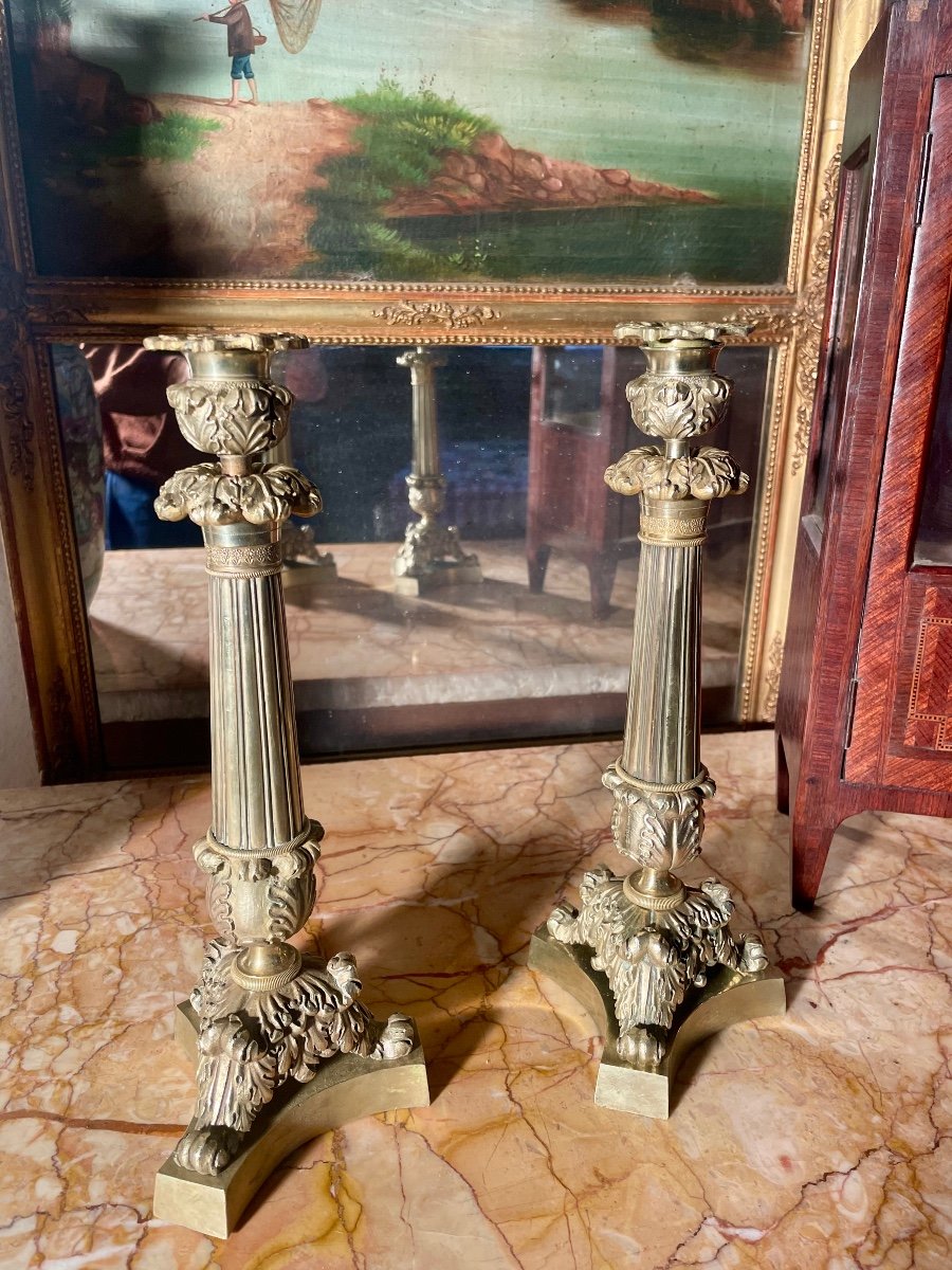 Pair Of Empire Candlesticks, In Bronze, 19th Century.-photo-4