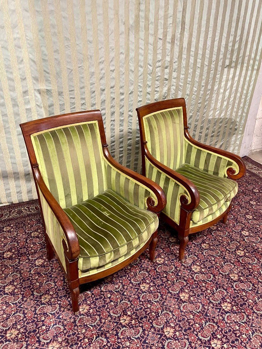 Pair Of Empire Mahogany Bergeres, 19th Century -photo-3