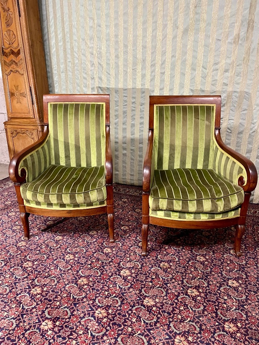 Pair Of Empire Mahogany Bergeres, 19th Century 