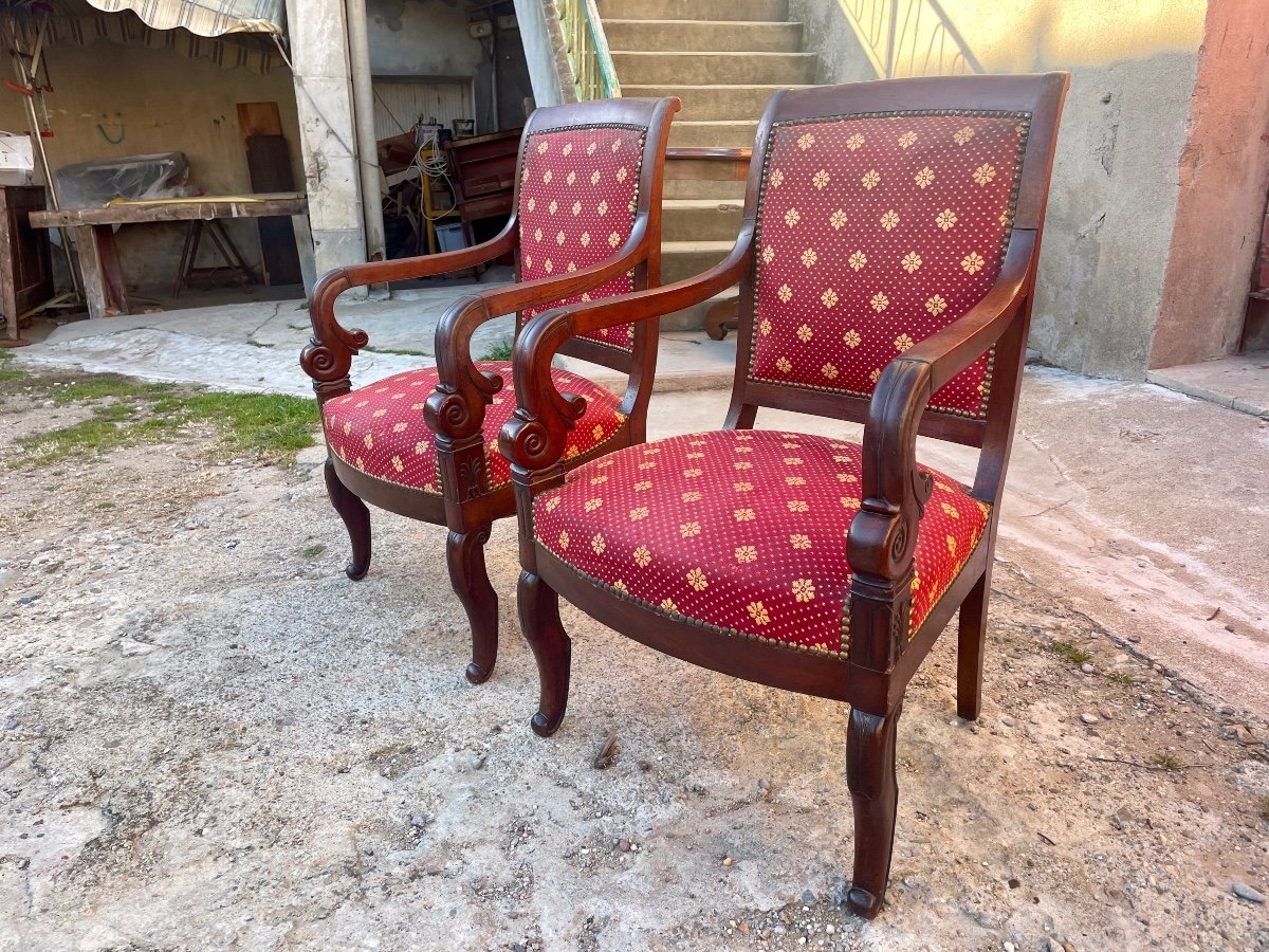 Paire De Fauteuils , Restauration En Acajou D’époque XIXé Siècle.-photo-2