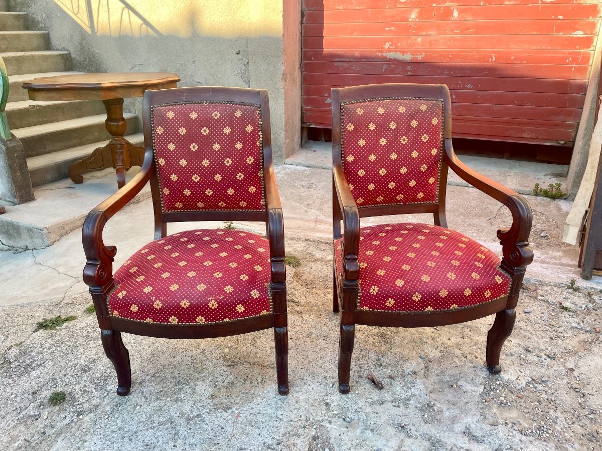 Paire De Fauteuils , Restauration En Acajou D’époque XIXé Siècle.-photo-3