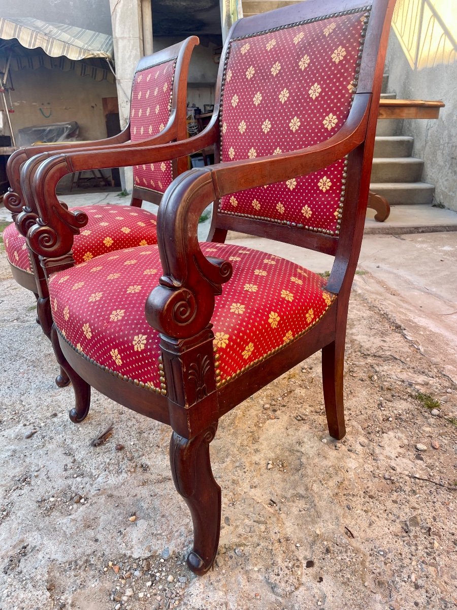 Paire De Fauteuils , Restauration En Acajou D’époque XIXé Siècle.-photo-5