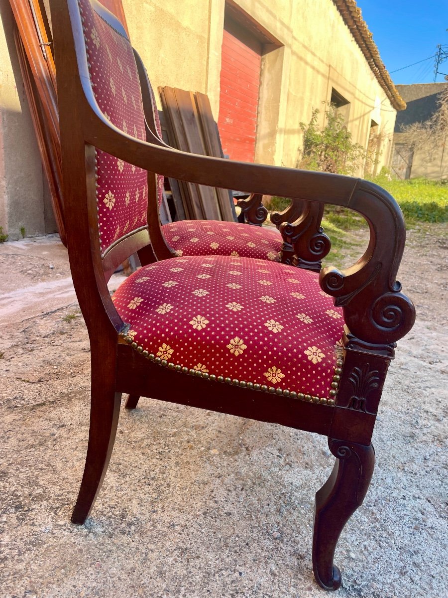 Paire De Fauteuils , Restauration En Acajou D’époque XIXé Siècle.-photo-6