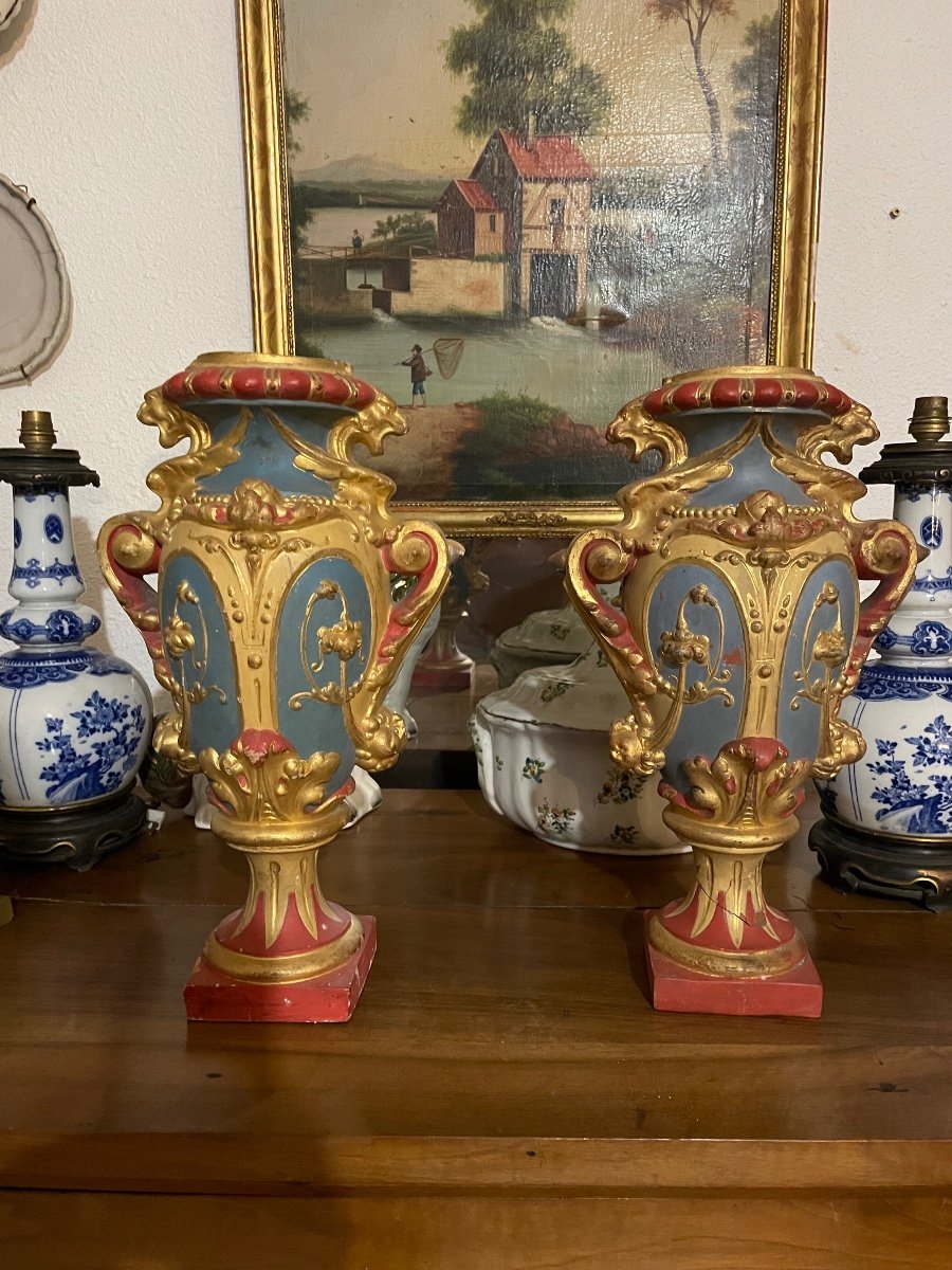 Pair Of Polychrome Terracotta Vases, 19th Century -photo-2