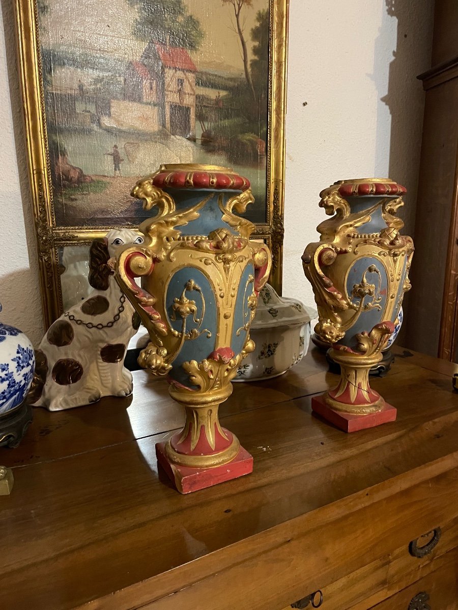 Pair Of Polychrome Terracotta Vases, 19th Century -photo-3