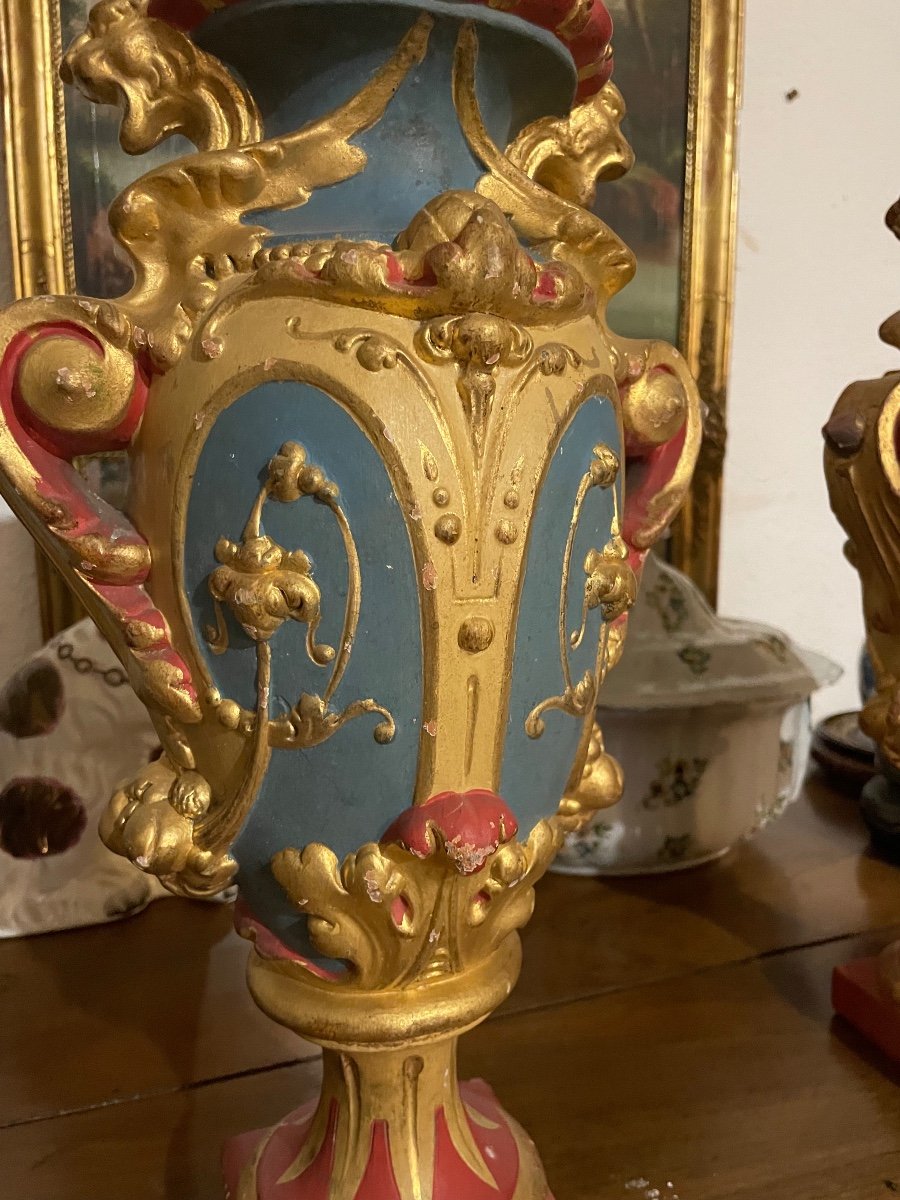 Pair Of Polychrome Terracotta Vases, 19th Century -photo-4