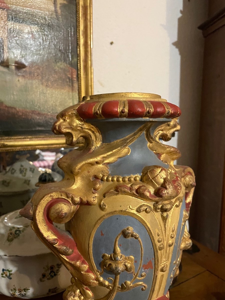 Pair Of Polychrome Terracotta Vases, 19th Century -photo-1