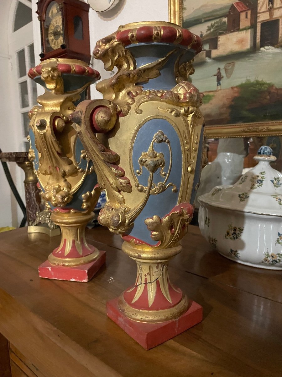 Pair Of Polychrome Terracotta Vases, 19th Century -photo-3