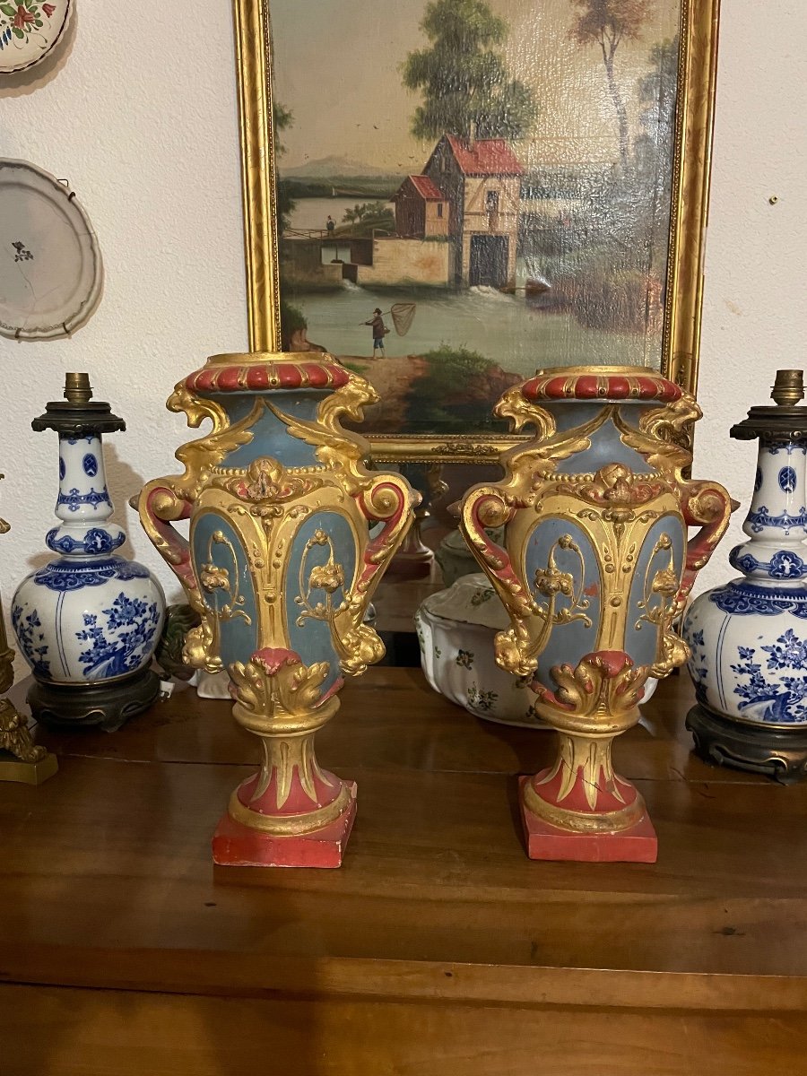 Pair Of Polychrome Terracotta Vases, 19th Century 