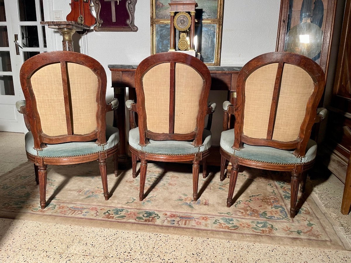 Suite De Trois Fauteuils Louis XVI, D’époque XVIIIém Siècle.-photo-3