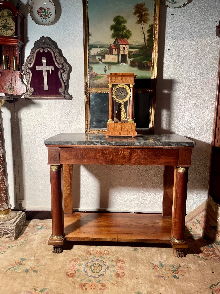 Console, Empire In Walnut, With Half Column From The 19th Century.