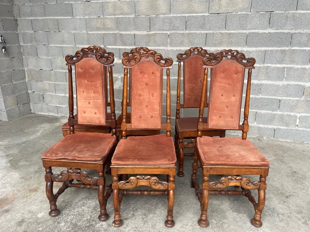 Set Of Six Dutch Walnut Chairs From The 19th Century.