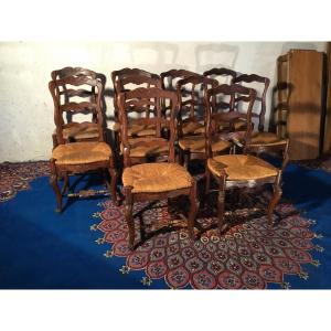 Suite Of 10 Provençal Walnut Chairs From The 1950s.