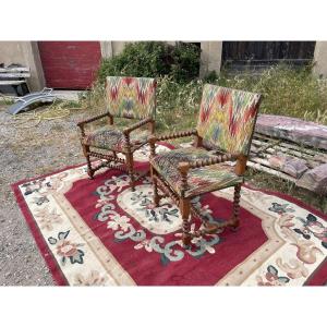 Pair Of Chairs, Louis XIII Arms In Walnut 18th Century