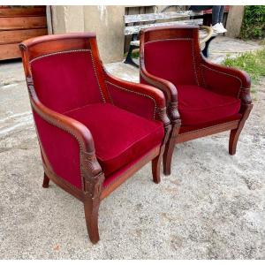 Pair Of Gondola Bergere Armchairs In Mahogany Period, 1900