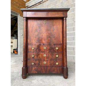 Empire Secretary, With Detached Column In Flamed Mahogany From The 19th Century 