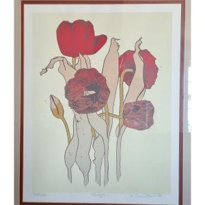 Gravure Contemporaine  intitulée "Les tulips"  Par V. Ch
