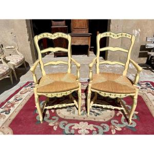 Pair Of Louis XV Armchairs, Provençal, Yellow Lacquered, 1950.