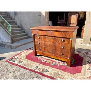 Empire Chest Of Drawers, Four Drawers, With Half Columns In Walnut, 19th Century.