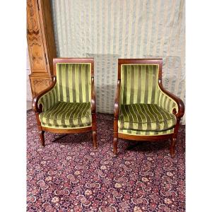 Pair Of Empire Mahogany Bergeres, 19th Century 