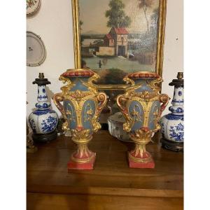 Paire De Vases En Terre, Cuite, Polychrome, époque  XIXém Siècle 