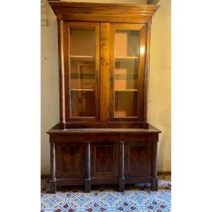 Sideboard, 5 Doors, Empire Bookcase In Walnut, 19th Century.