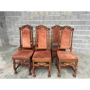 Set Of Six Dutch Walnut Chairs From The 19th Century.