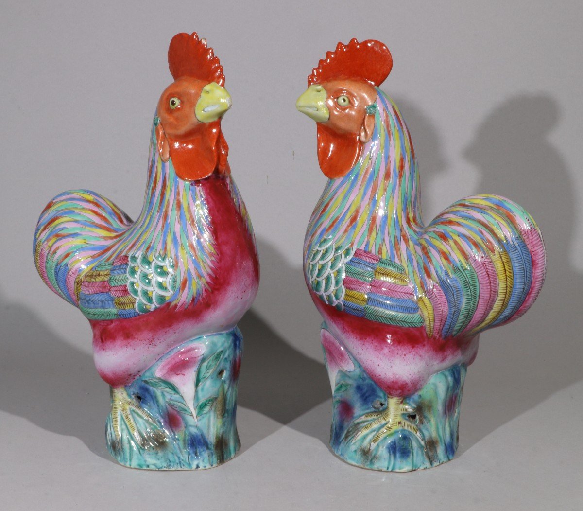 A Pair Of Famille Rose Roosters Late Qing Dynasty-photo-2