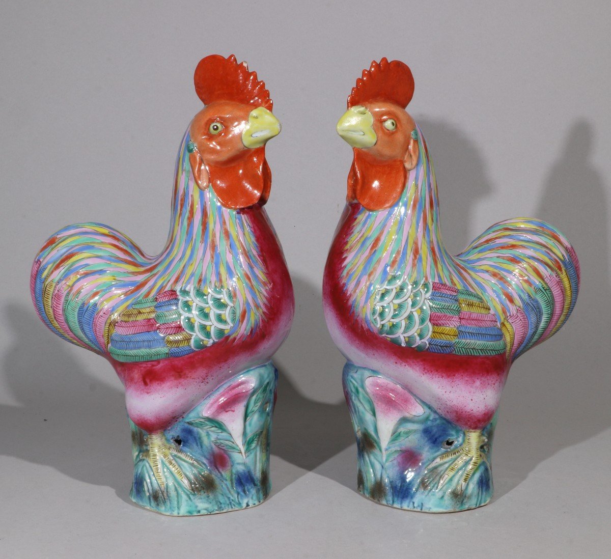 A Pair Of Famille Rose Roosters Late Qing Dynasty