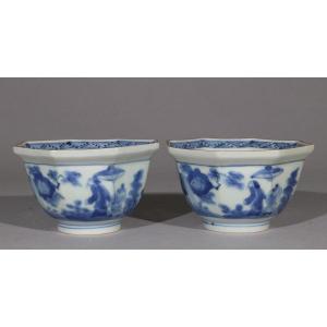  Paire De Bols Bleus Et Blancs Arita Japon 1700-30