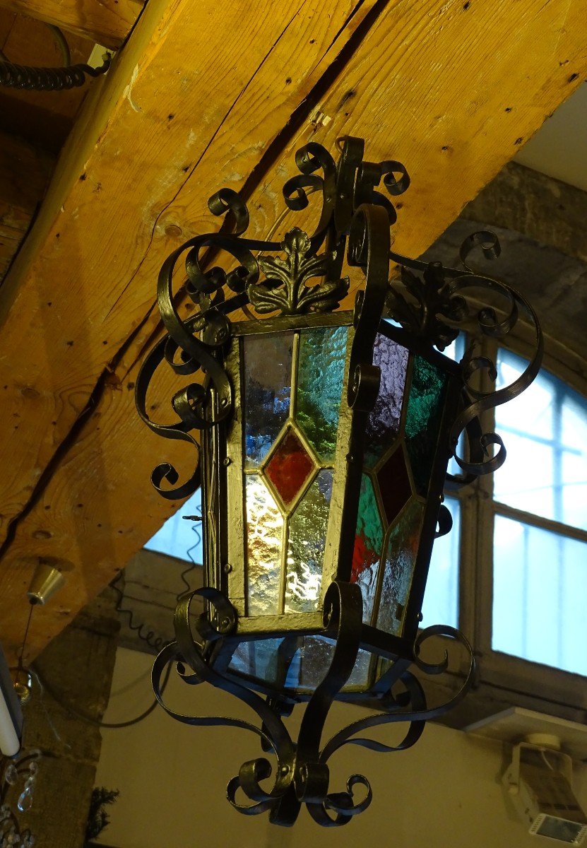 Wrought Iron Lantern And Colored Stained Glass Windows 1940-photo-2