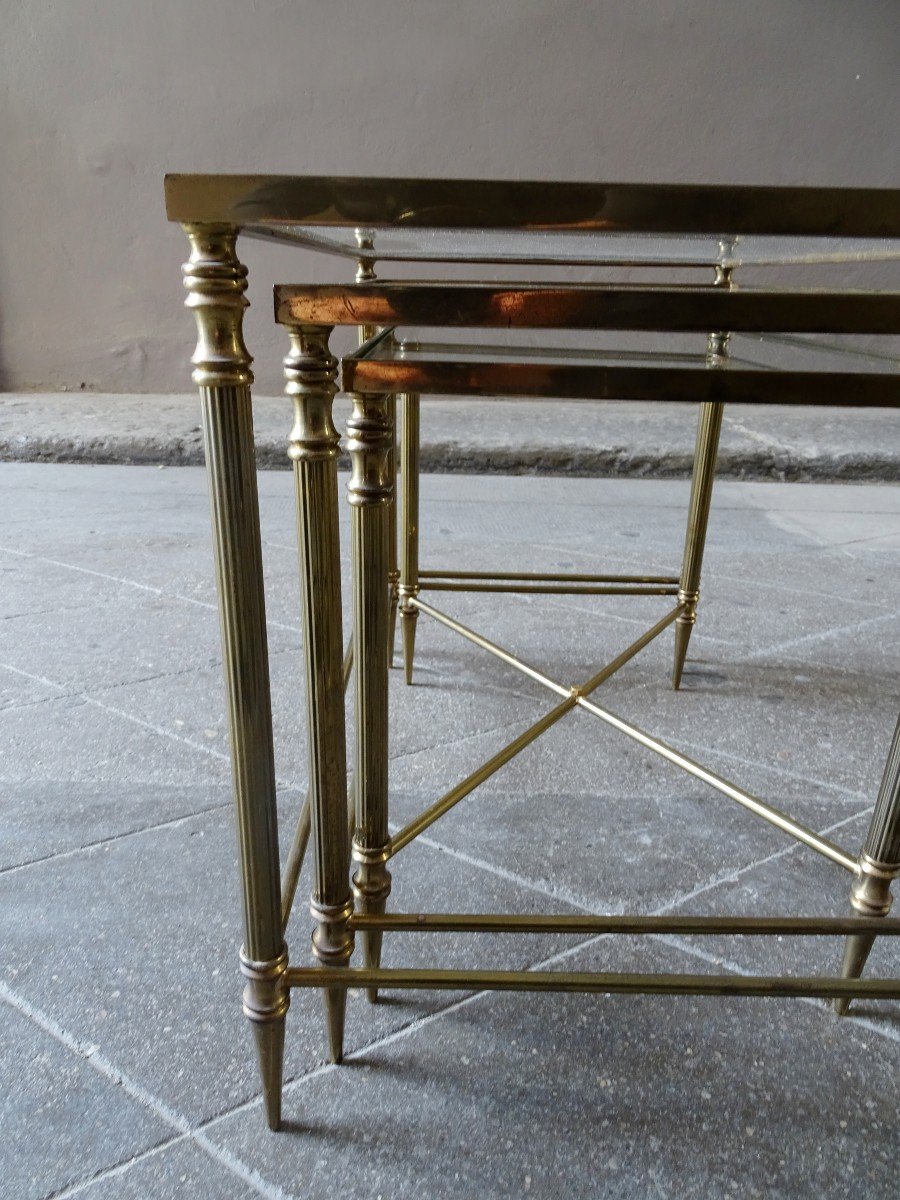 Nesting Tables In The Style Of Baguès In Golden Metal And Glass 1950s-photo-3