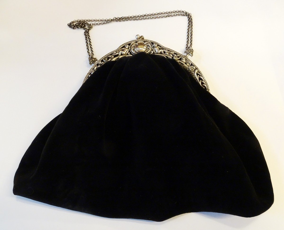 Evening Bag In Black Velvet Frame In 800 Silver Period 1900-photo-1