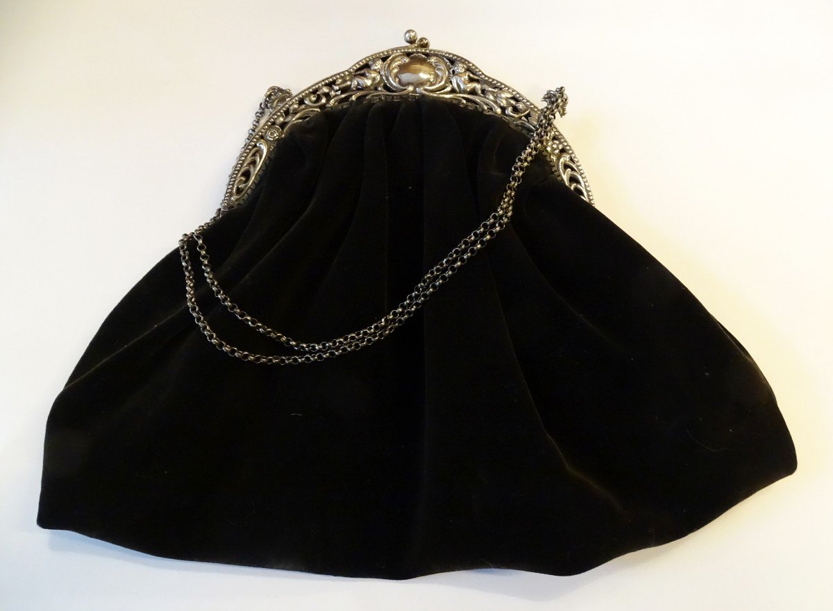 Evening Bag In Black Velvet Frame In 800 Silver Period 1900
