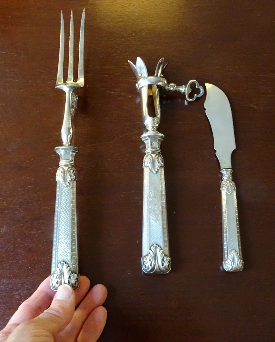 Carving Fork, Leg Handle And Butter Knife In Silver Late 19th -photo-2