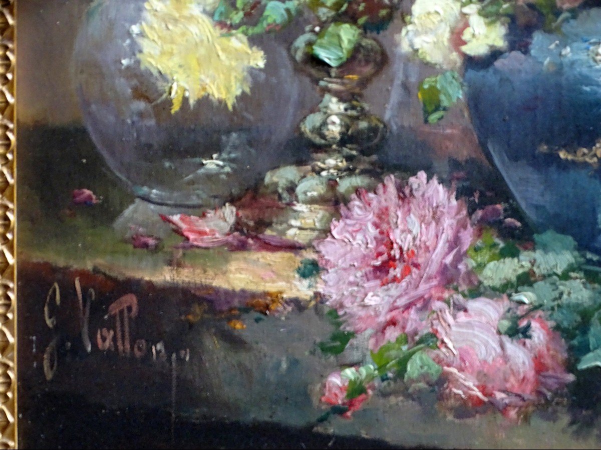 G. Vallon Oil On Canvas Bouquet Of Peonies And Roses 19th -photo-3