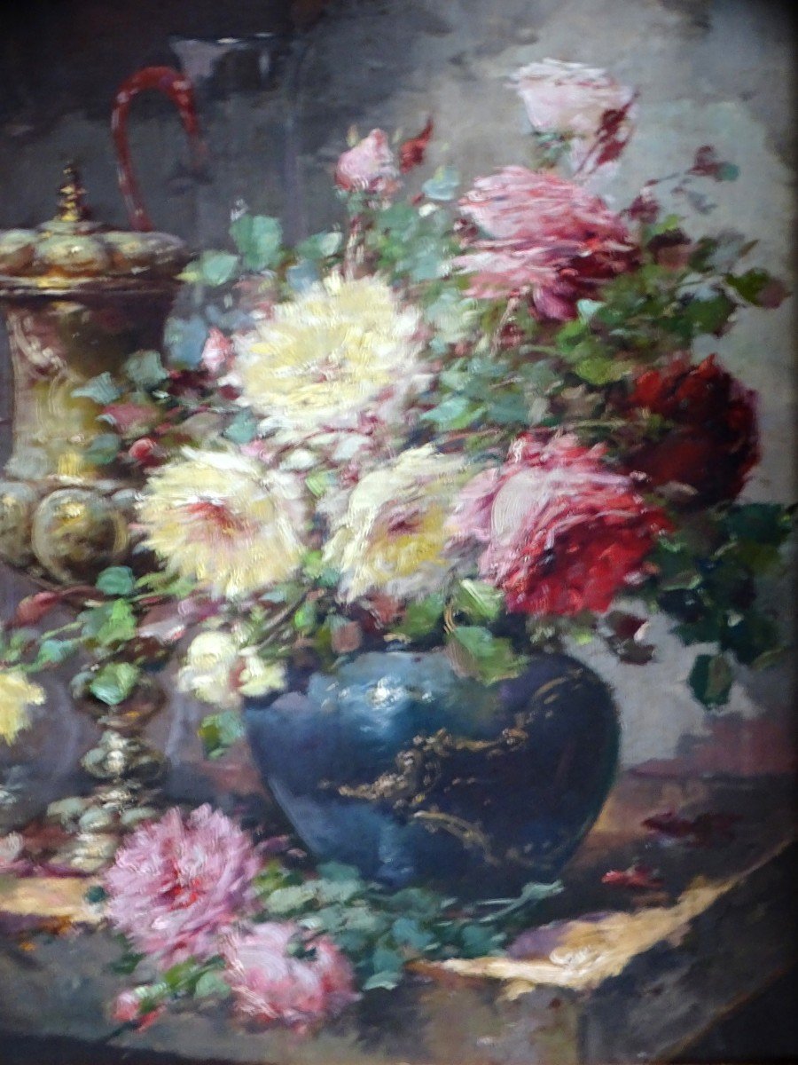 G. Vallon Oil On Canvas Bouquet Of Peonies And Roses 19th -photo-4