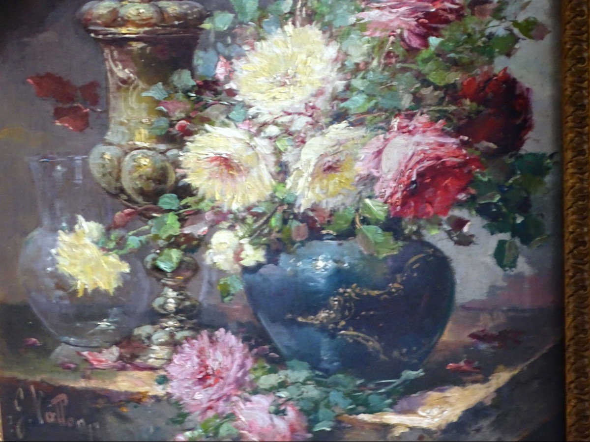 G. Vallon Oil On Canvas Bouquet Of Peonies And Roses 19th -photo-1