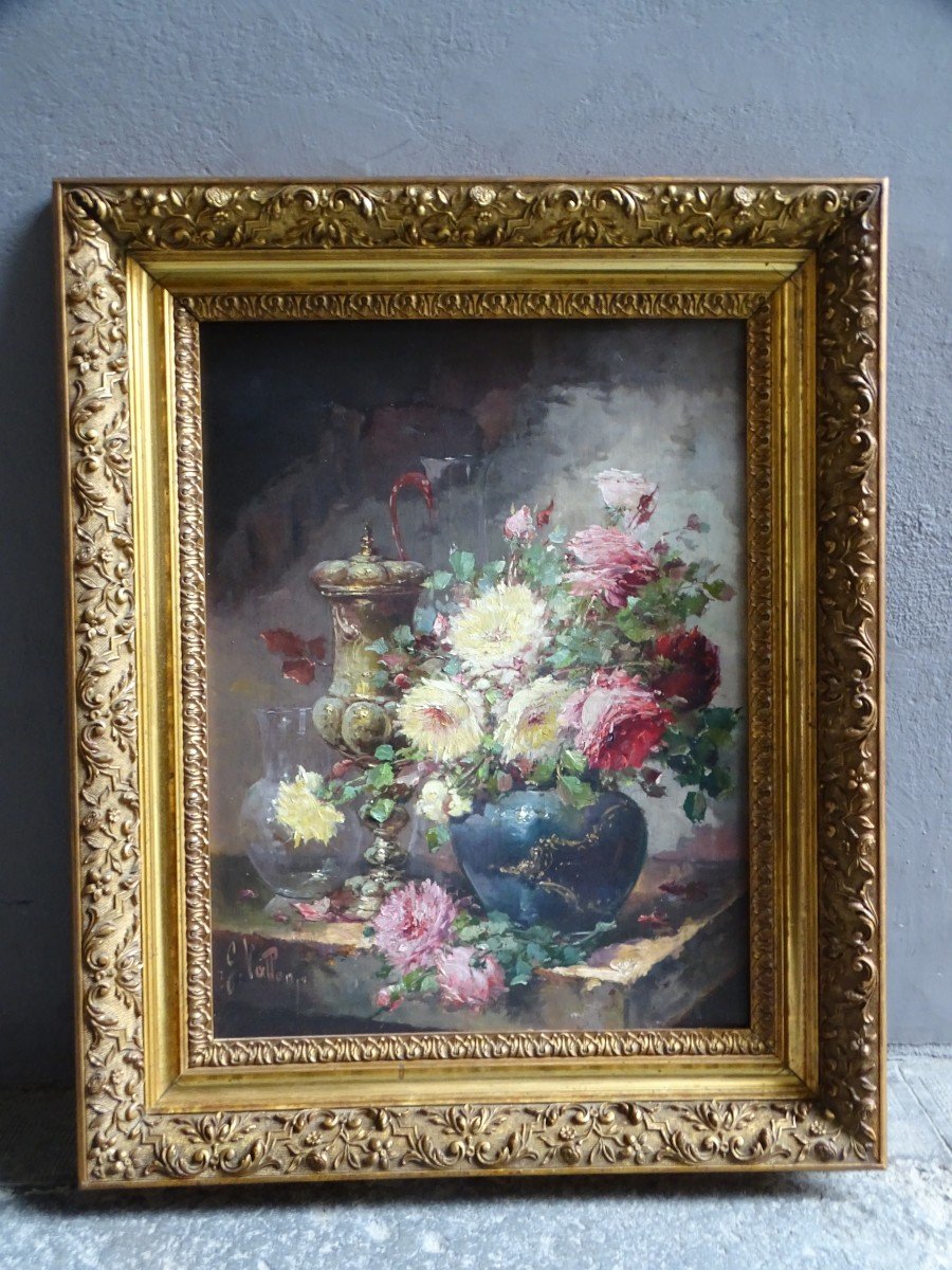 G. Vallon Oil On Canvas Bouquet Of Peonies And Roses 19th 