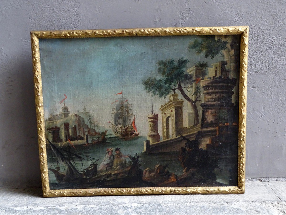 Scène De Port  Huile Sur Toile 18ème