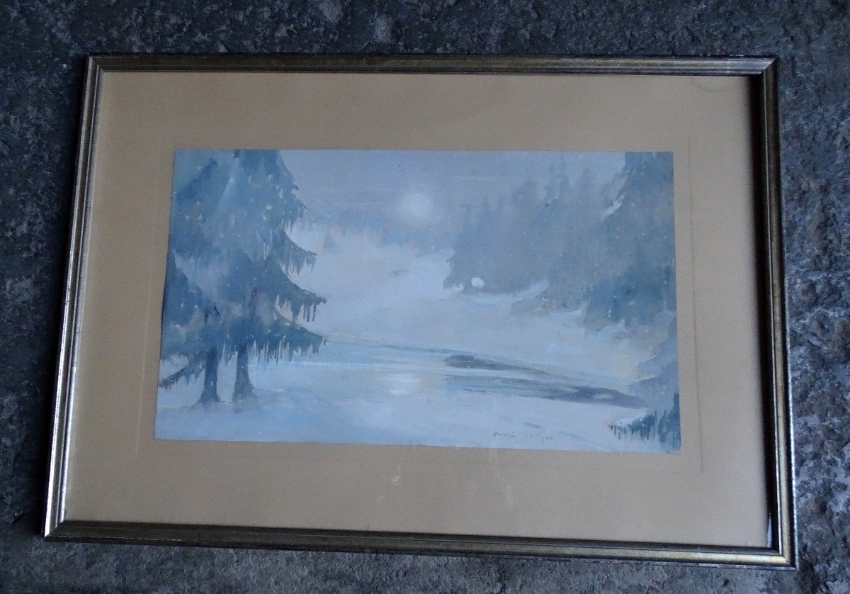 André Artigue Gouache Paysage Hivernal 20ème