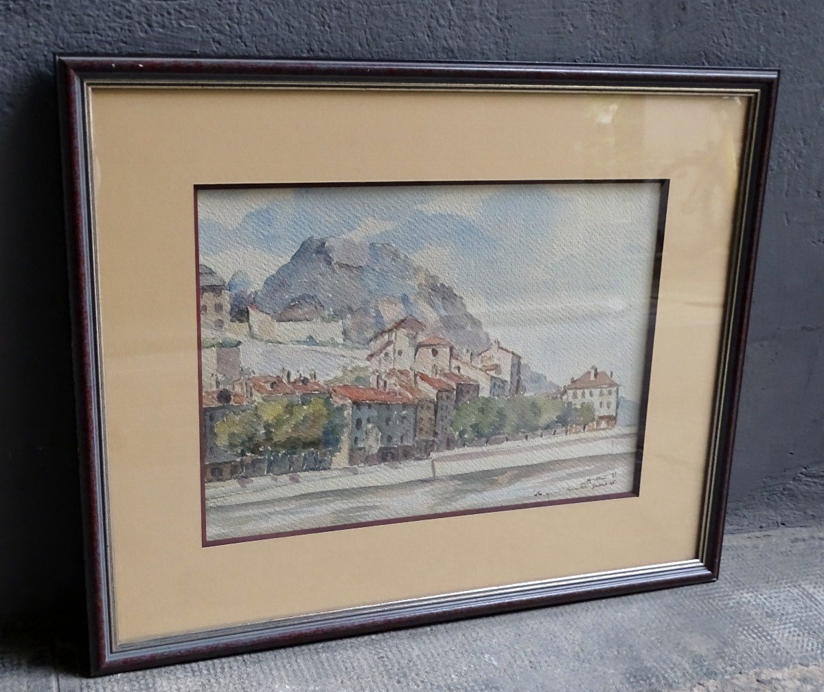 Watercolor "the Quays Of The Isère In Grenoble" In 1936 By Mottier