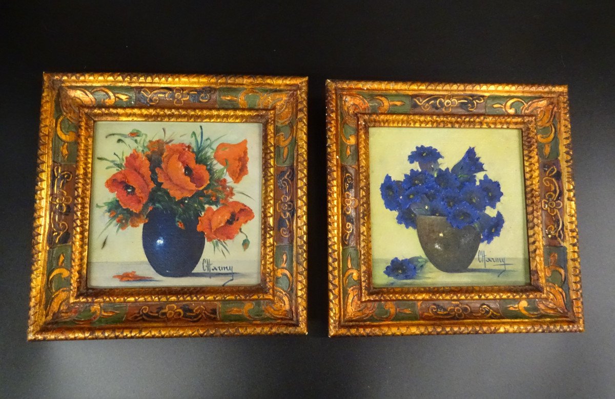 Charmy 2 Small Paintings Of Flowers 50s