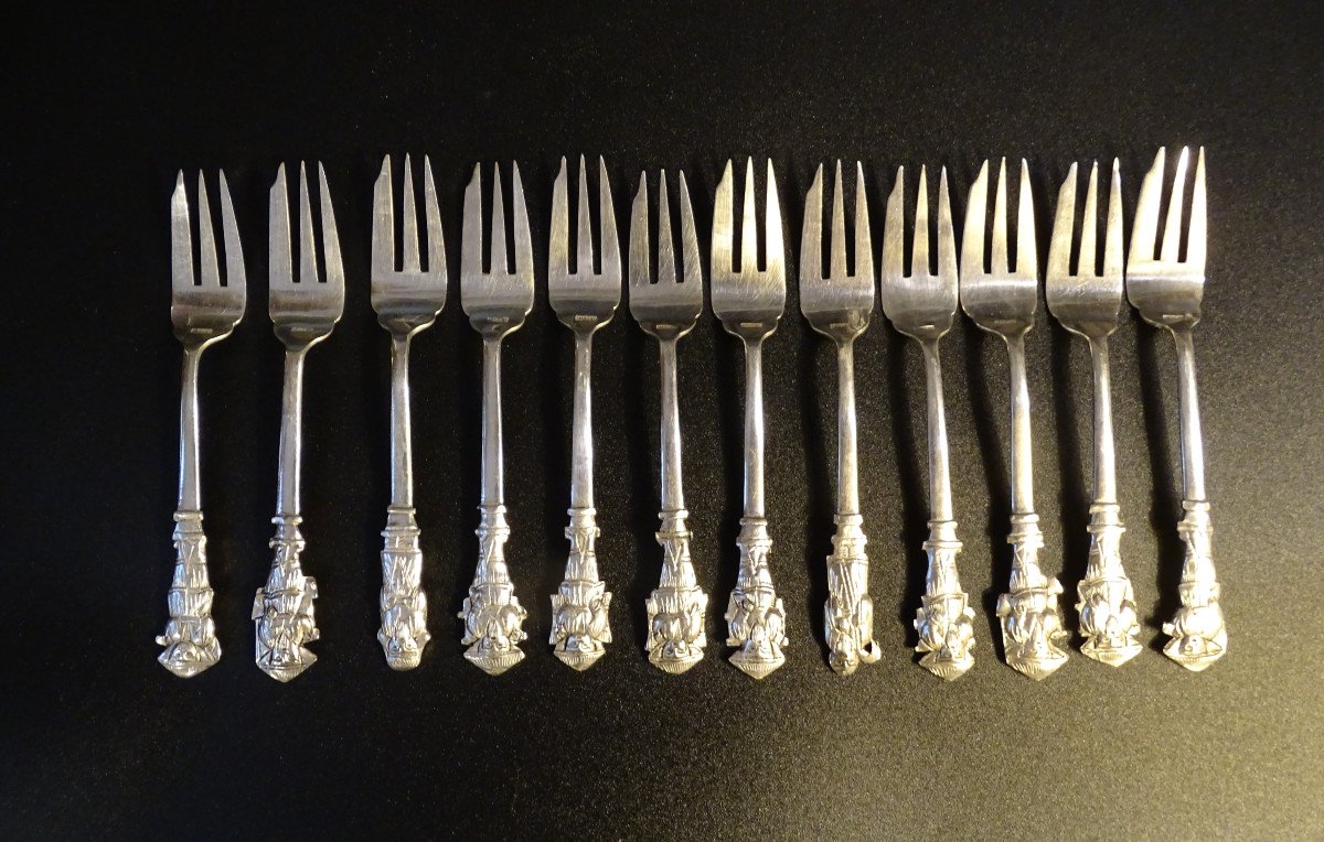 12 Indochina Silver Dessert Forks 20th-photo-3