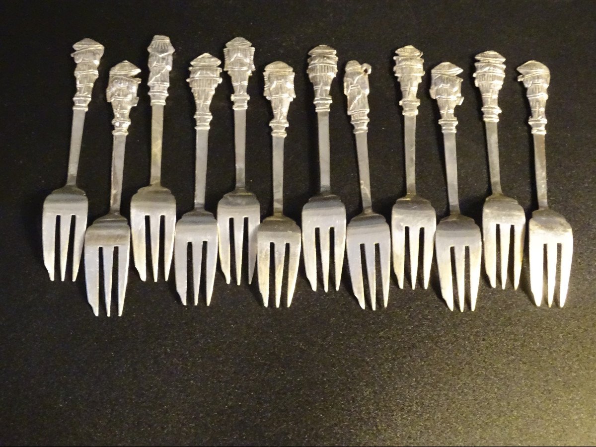 12 Indochina Silver Dessert Forks 20th-photo-2