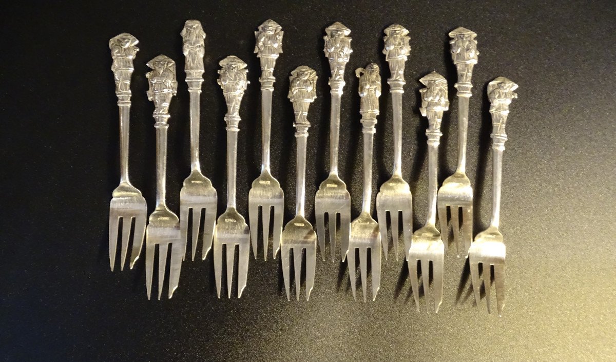 12 Indochina Silver Dessert Forks 20th