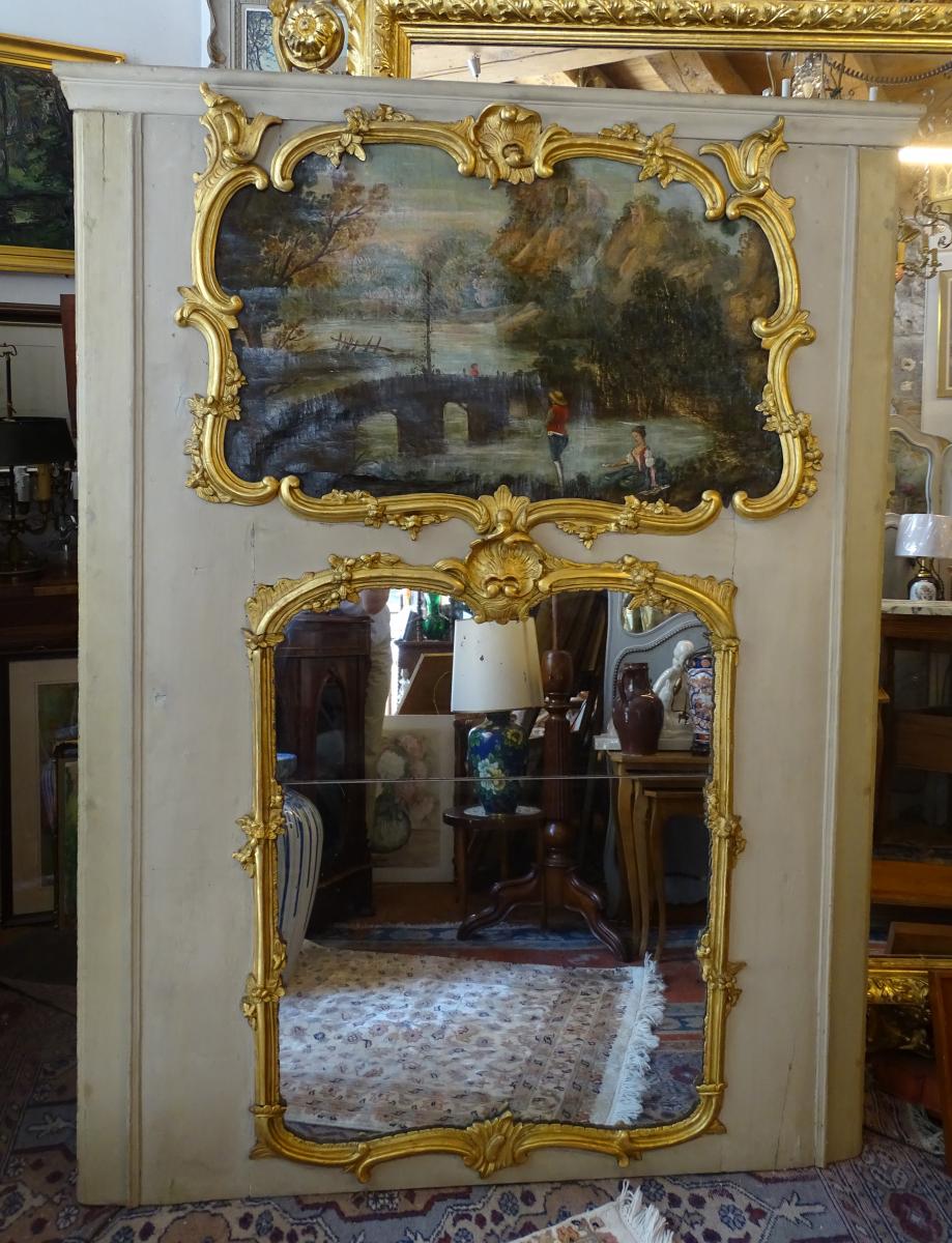 Trumeau Mirror In Wood Painted And Gilded Louis XV Period 18th